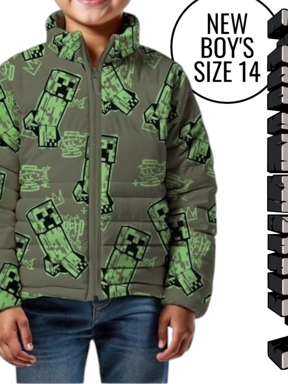 NEW Minecraft Boys Creeper Zip Puffer Jacket Lightweight Size 14 Zippered Size: